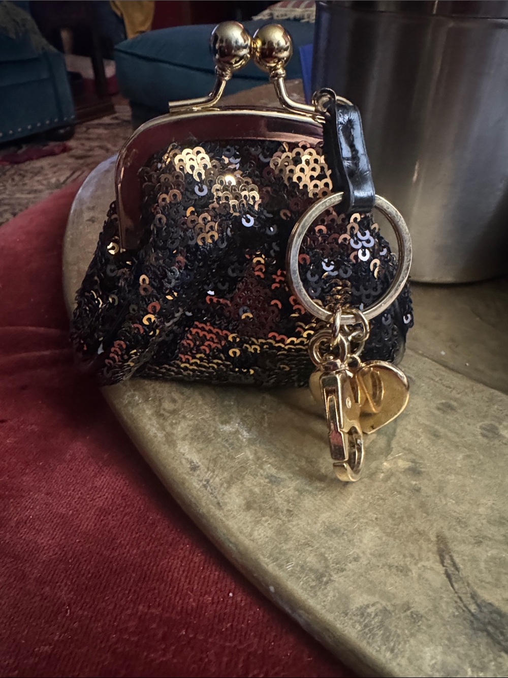Style & Co. Black Sequin Kiss-Lock Key Pouch with Gold Hardware